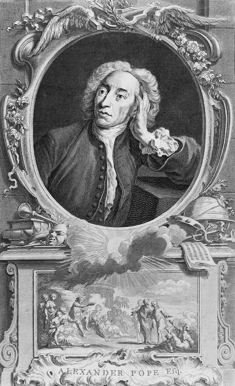 Porträtt av Alexander Pope (1688-1744), graverad av Jacobus Houbraken (1698-1780), 1747 (gravyr) (bw foto) av Arthur Pond