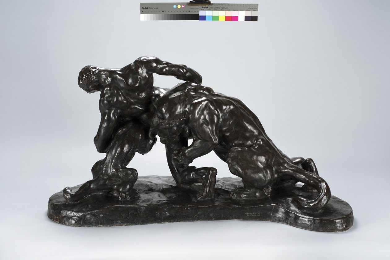 Man inlåst i strid med Lioness Cub (brons) av Arthur Putnam
