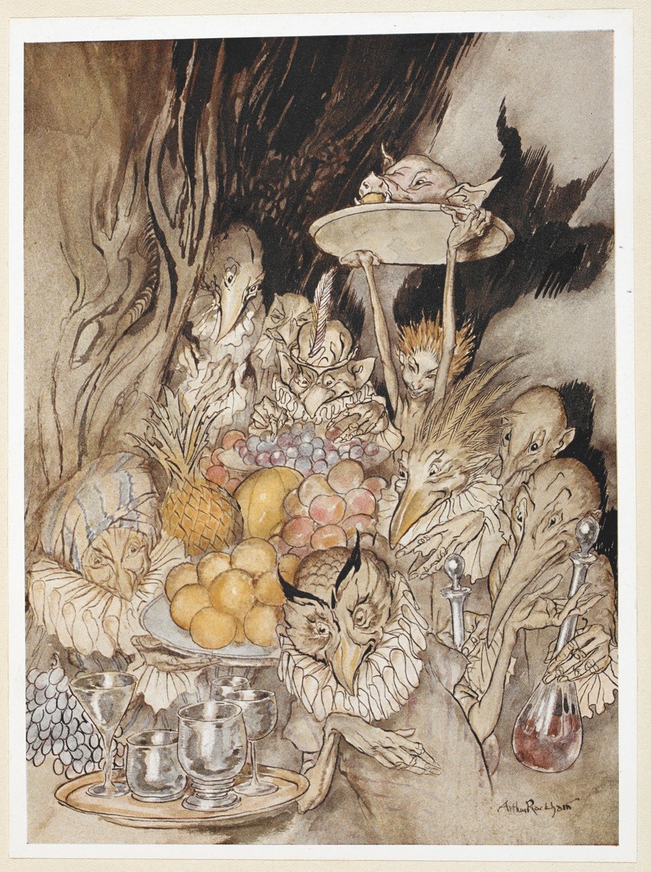 AKT III: Scen III, rad 19 Gå in i flera konstiga former, ta in en bankett ... bjuda kungen, etc, att äta. av Arthur Rackham