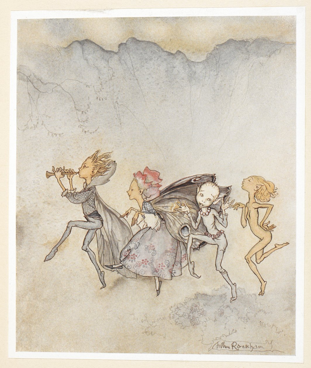 AKT IV: Scen I, rad 46 Var och en snubblar på tån, Kommer att vara här med mopp och klippa. Nymfer. av Arthur Rackham