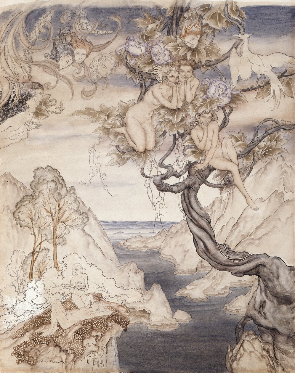 A Fairy Song, ritad för akt II, scen ii, från En midsommarnattsdröm (penna och bläck & wc på papper) av Arthur Rackham