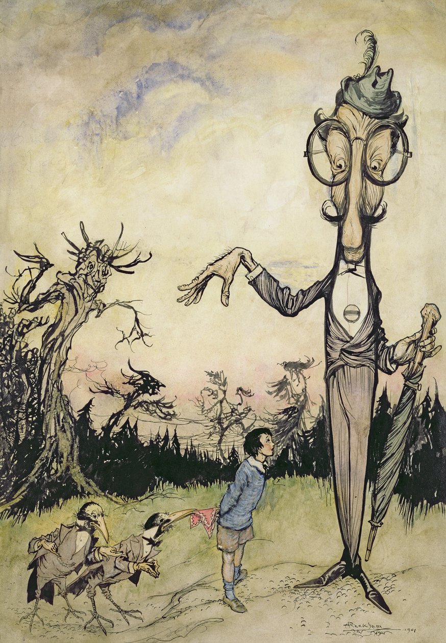 A Giant with a Child and Two Crows, illustration från The Book of Betty Barber av Maggie Brown, pub.1910 (penna och bläck, senare färglagd av Harry Rountree, 1878-1950) (även en illustration till boken o av Arthur Rackham
