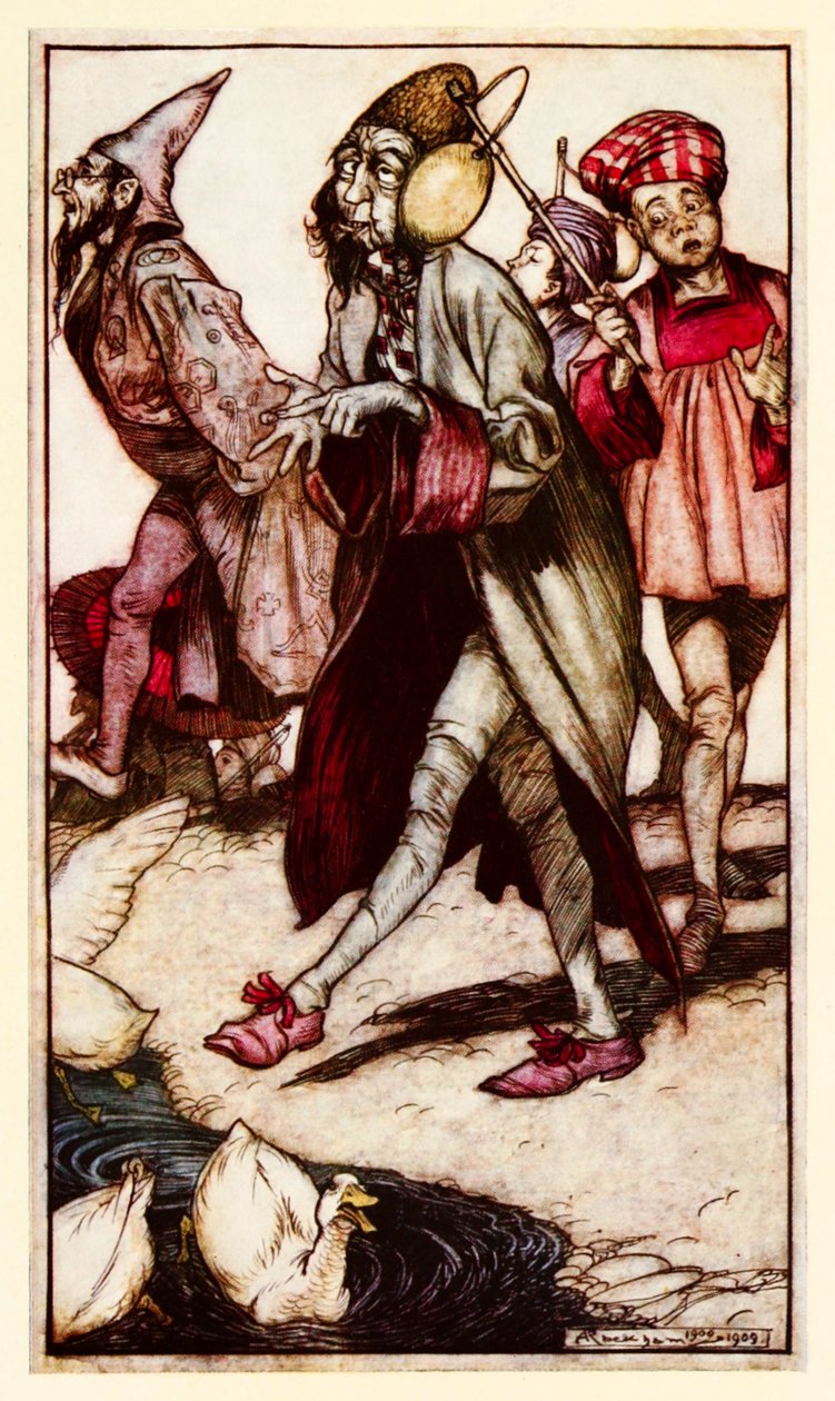 En laputisk gentleman som tar en promenad från del III: A Voyage to Laputa etc i Gullivers Travels av Jonathan Swift av Arthur Rackham