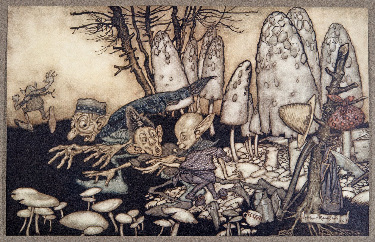 Ett gäng arbetare som sågade ner en padda rusade iväg och lämnade sina verktyg bakom sig, från Peter Pan i Kensington Gardens av J M Barrie (1860 - 1937), pub. 1906 av Arthur Rackham
