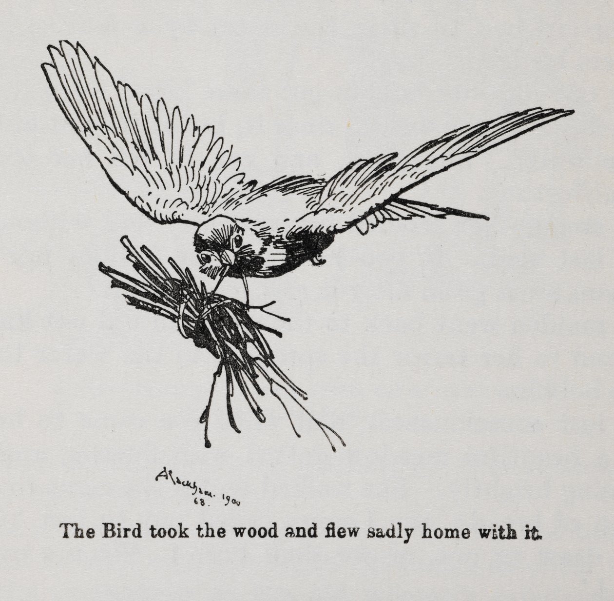 En fågel som bär en bunt kvistar. av Arthur Rackham