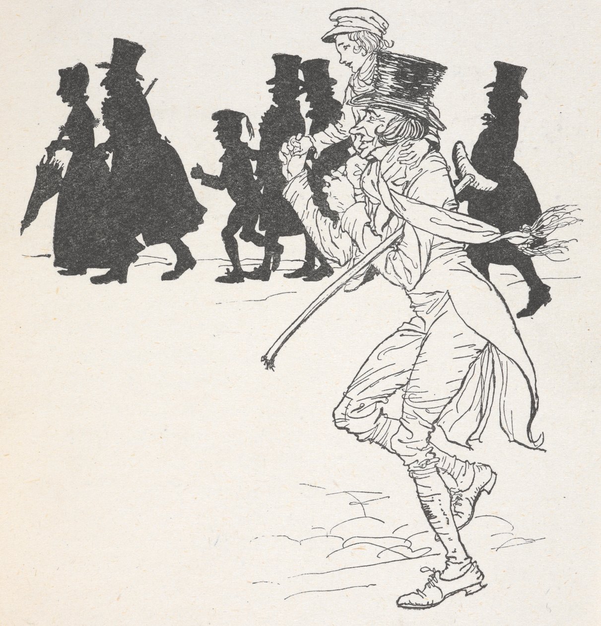 En pojke som bärs på en mans axlar av Arthur Rackham