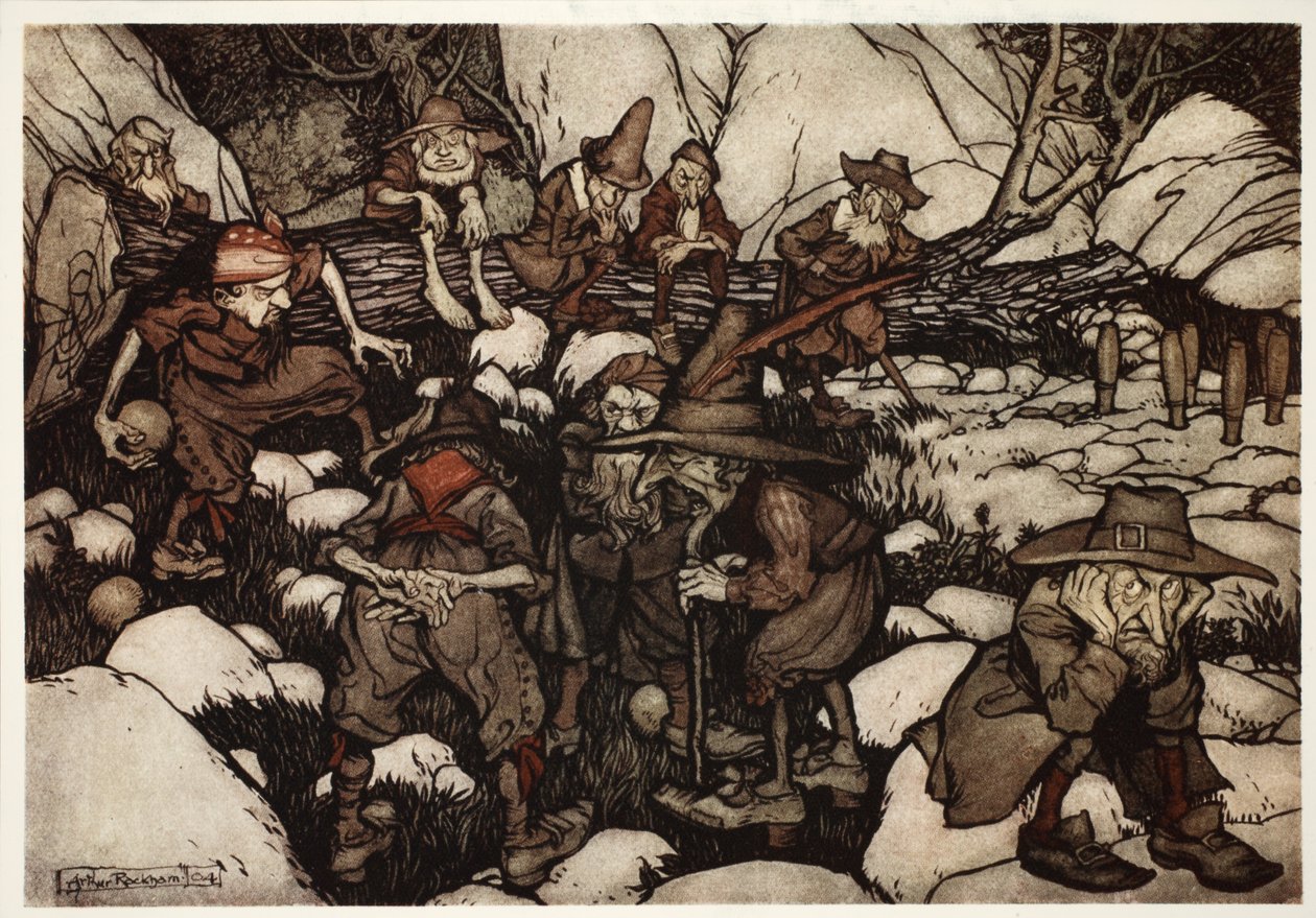 Ett sällskap av udda personer som spelar på ninepins., från Rip Van Winkle av Washington Irving, pub. 1910 av Arthur Rackham