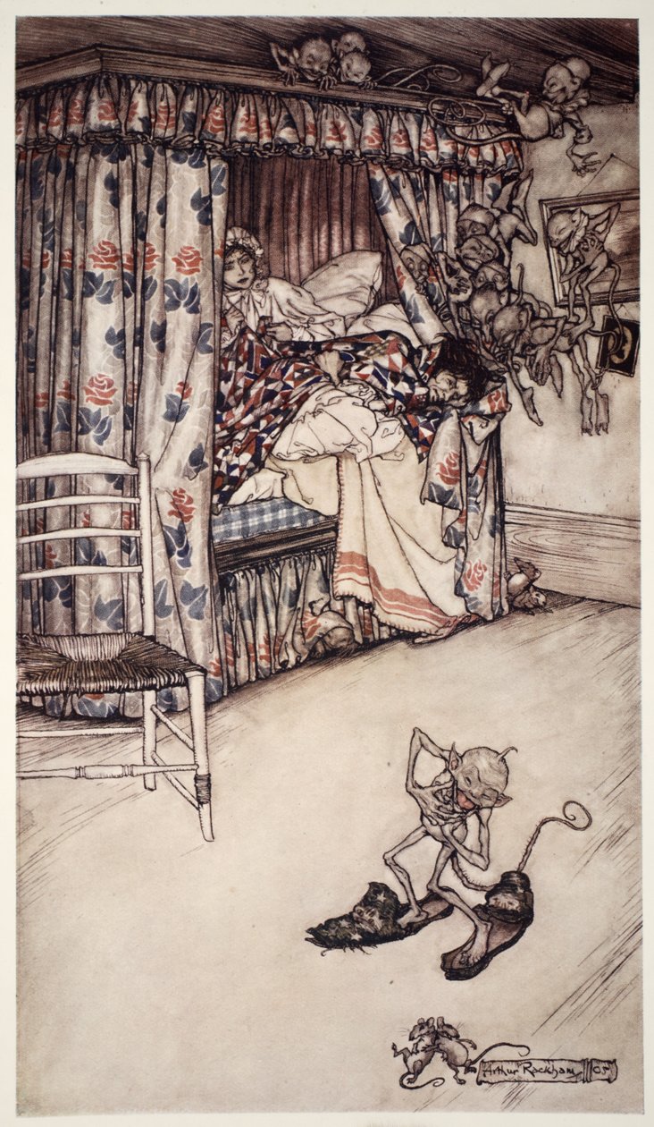 En ridåföreläsning är värd alla predikningar i världen för att lära ut dygderna tålamod och tålamod. från Rip Van Winkle av Washington Irving, pub. 1910 av Arthur Rackham