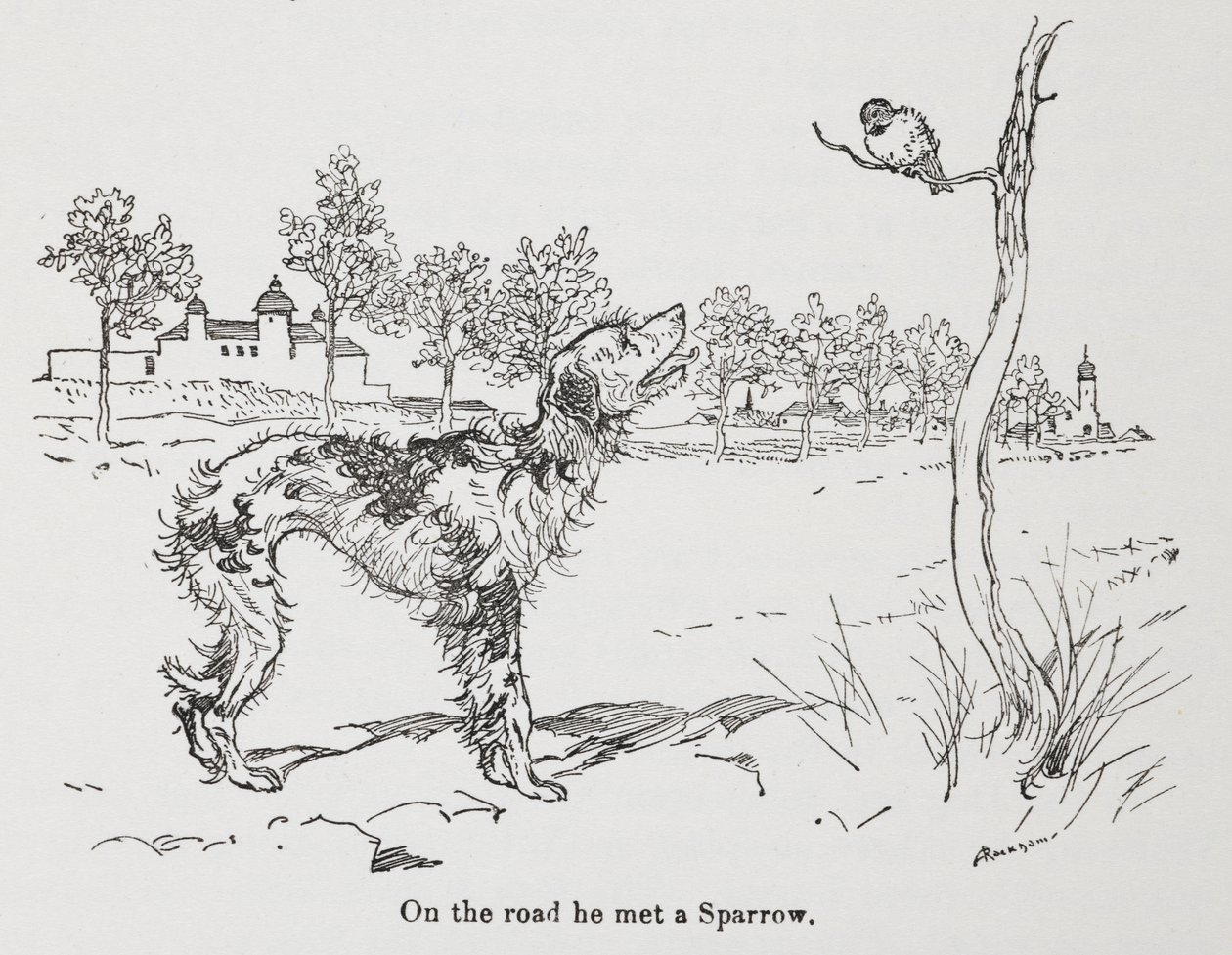 En hund och en sparv. av Arthur Rackham