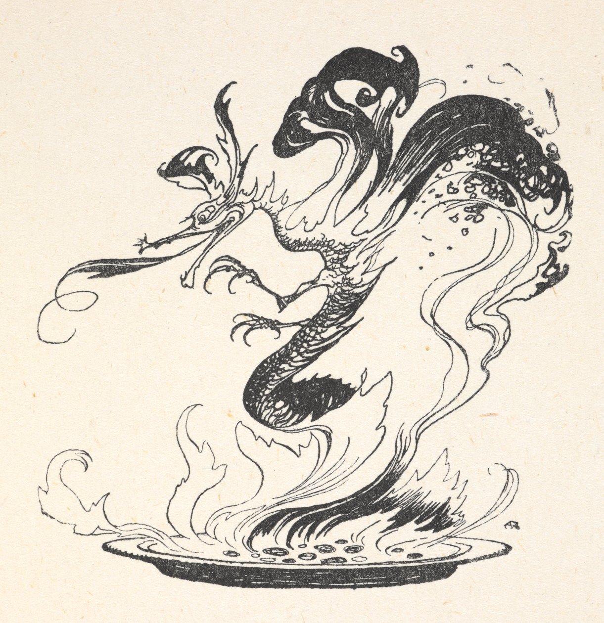 En drake som dyker upp från en tallrik med brinnande pengar av Arthur Rackham