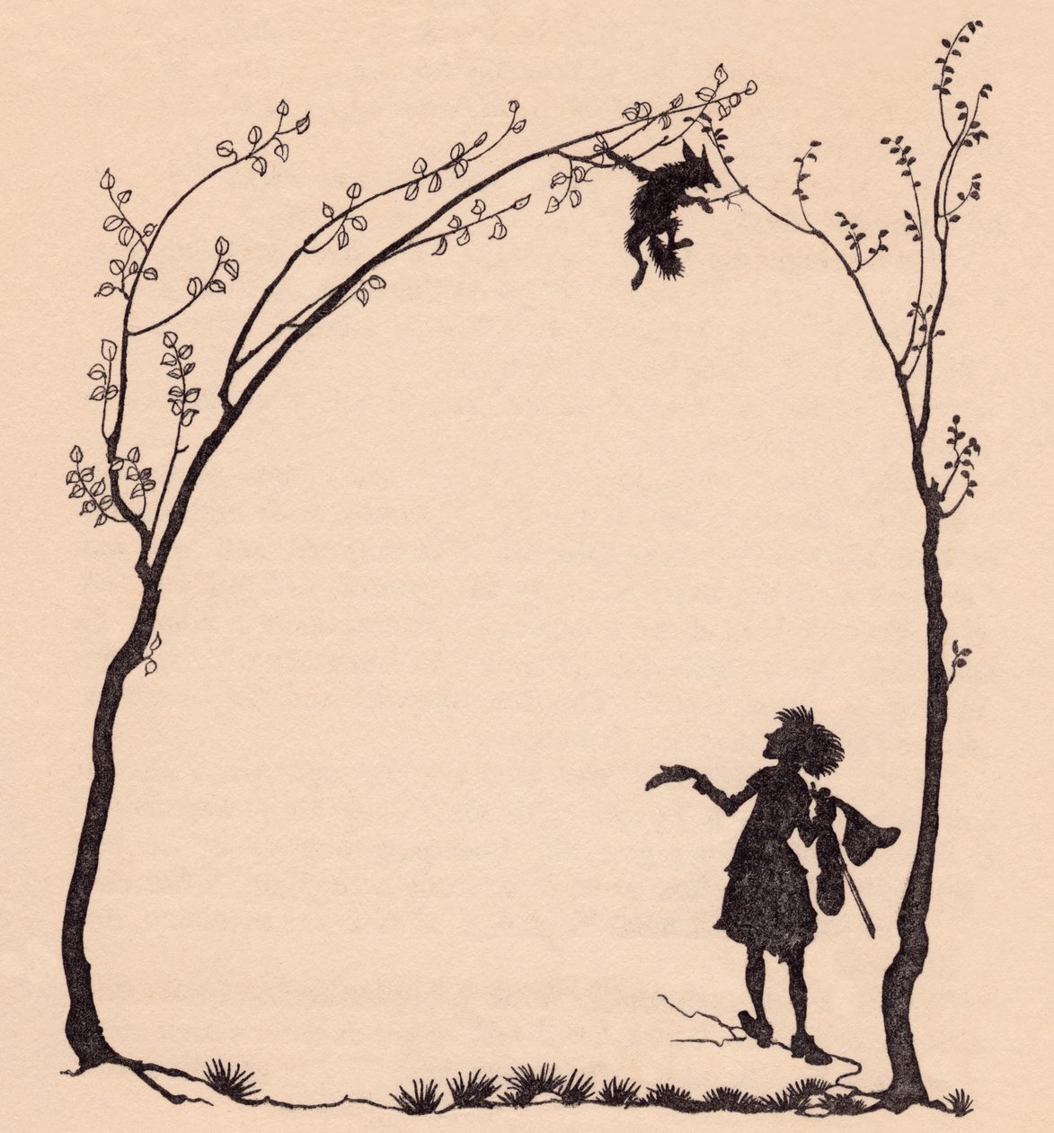 En räv knuten med sina tassar till två hasselträd. Illustration av Arthur Rackham från Grimm