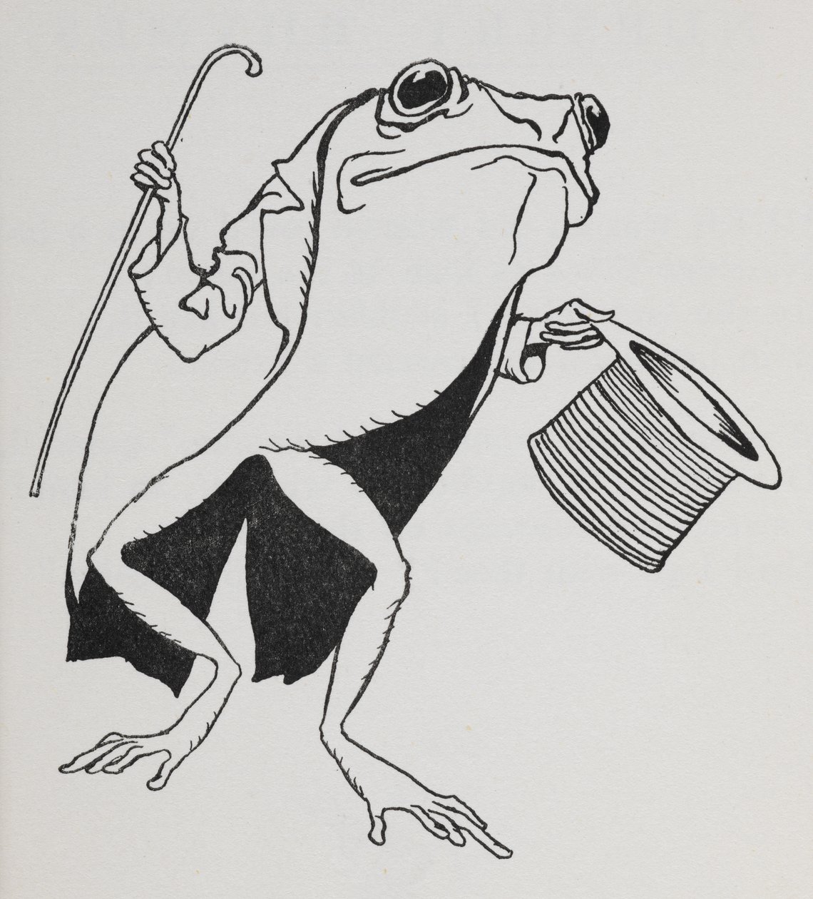 En groda med hög hatt och svansar som bär en käpp. av Arthur Rackham