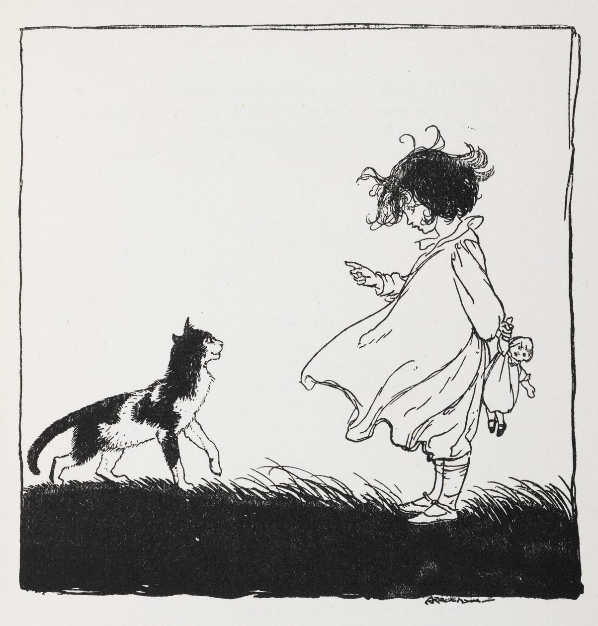 En tjej med en docka berättar för sin katt. av Arthur Rackham