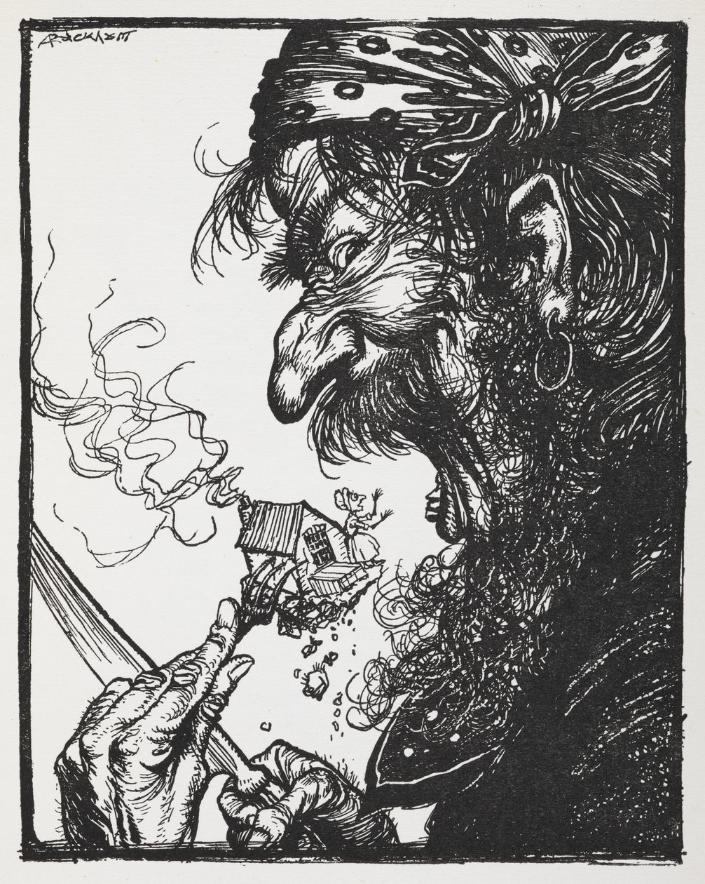 En stor man som äter en liten dam och hennes hus. av Arthur Rackham