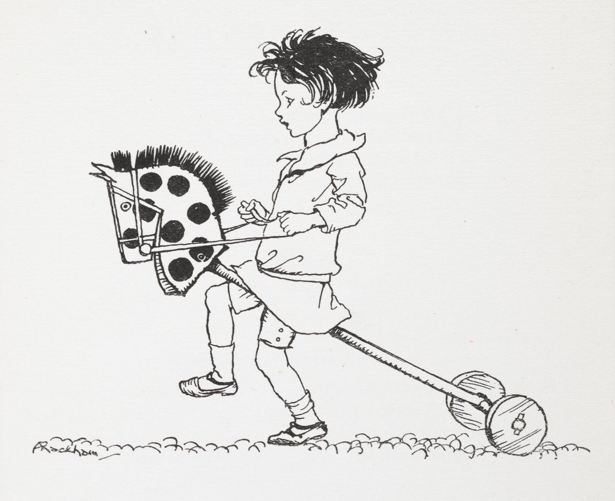 En liten flicka på en leksakshobbyhäst. av Arthur Rackham
