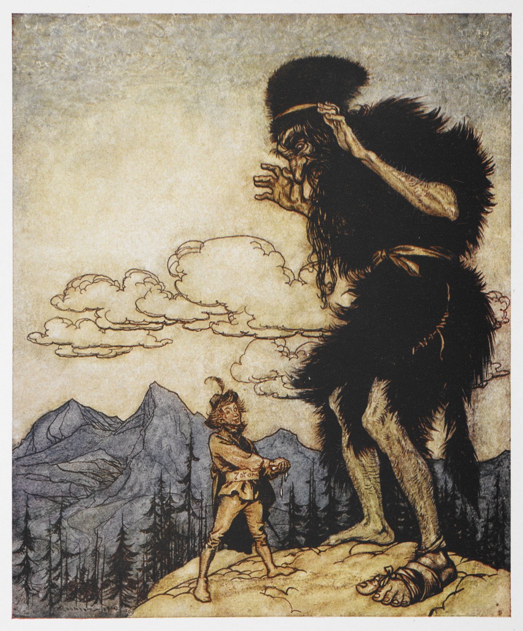 En man och en jätte från The Valiant Tailor av Arthur Rackham