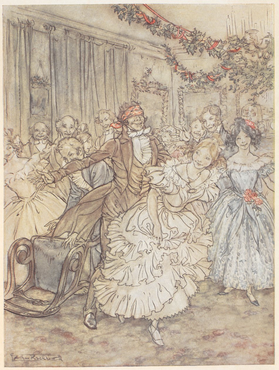 En fest som spelar blind mans bluff. En man som bär ögonbindel jagar en kvinna i en ryslig klänning av Arthur Rackham