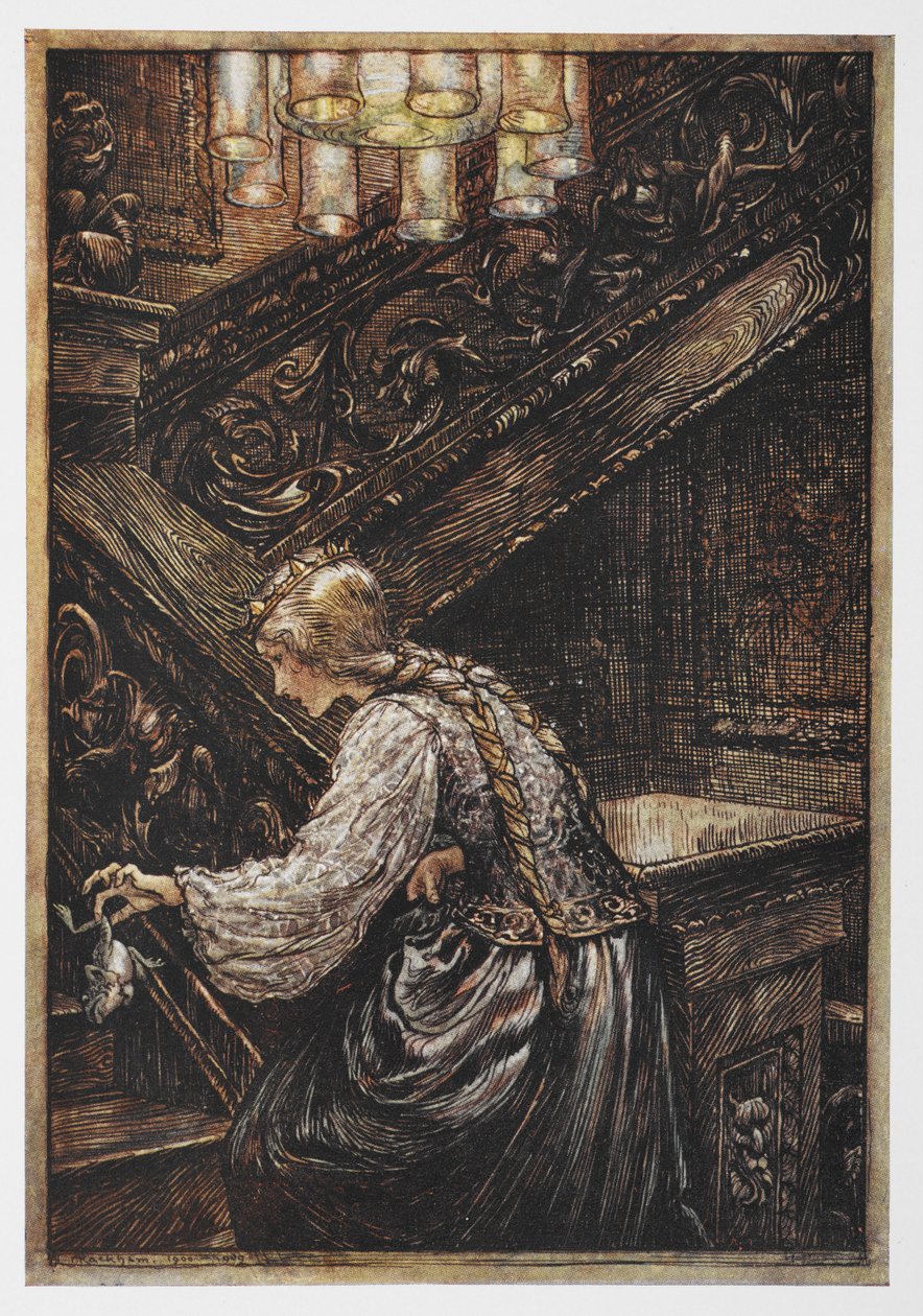 En prinsessa som bär en groda från The Frog Prince. av Arthur Rackham
