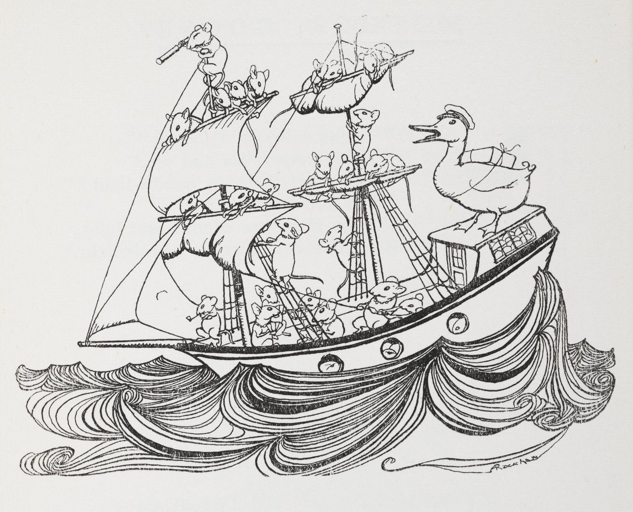 Ett fartyg bemannat av möss och befälhavare av en anka. av Arthur Rackham