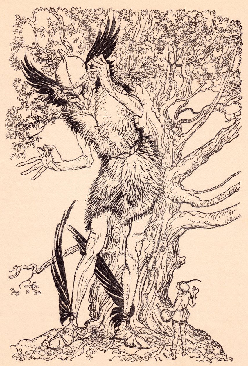 En hemsk karl hälften så stor som trädet han stod vid. Illustration av Arthur Rackham från Grimms saga, Anden i glasflaskan. av Arthur Rackham