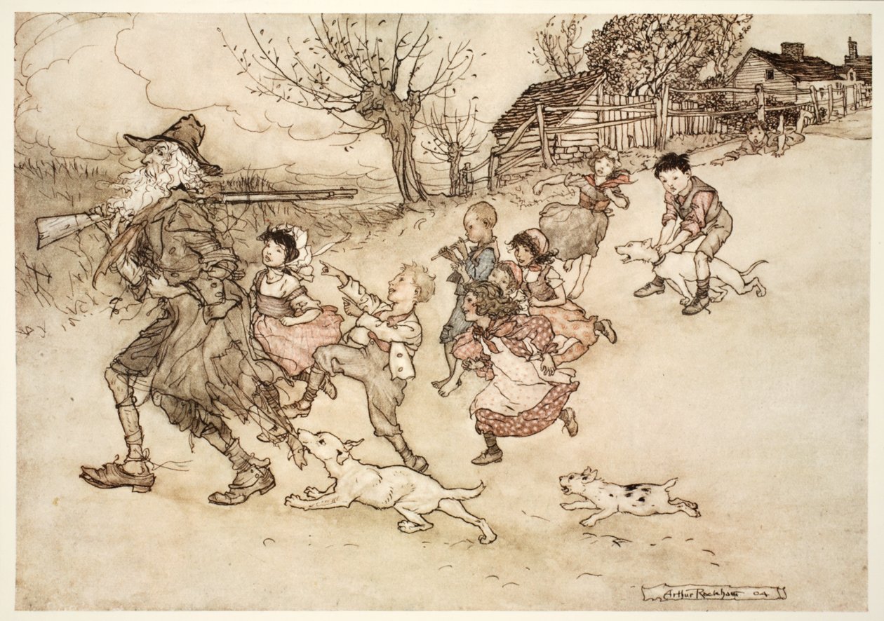 En trupp konstiga barn sprang i hälarna på honom, tutade efter honom och pekade på hans gråa skägg., från Rip Van Winkle av Washington Irving, pub. 1910 av Arthur Rackham