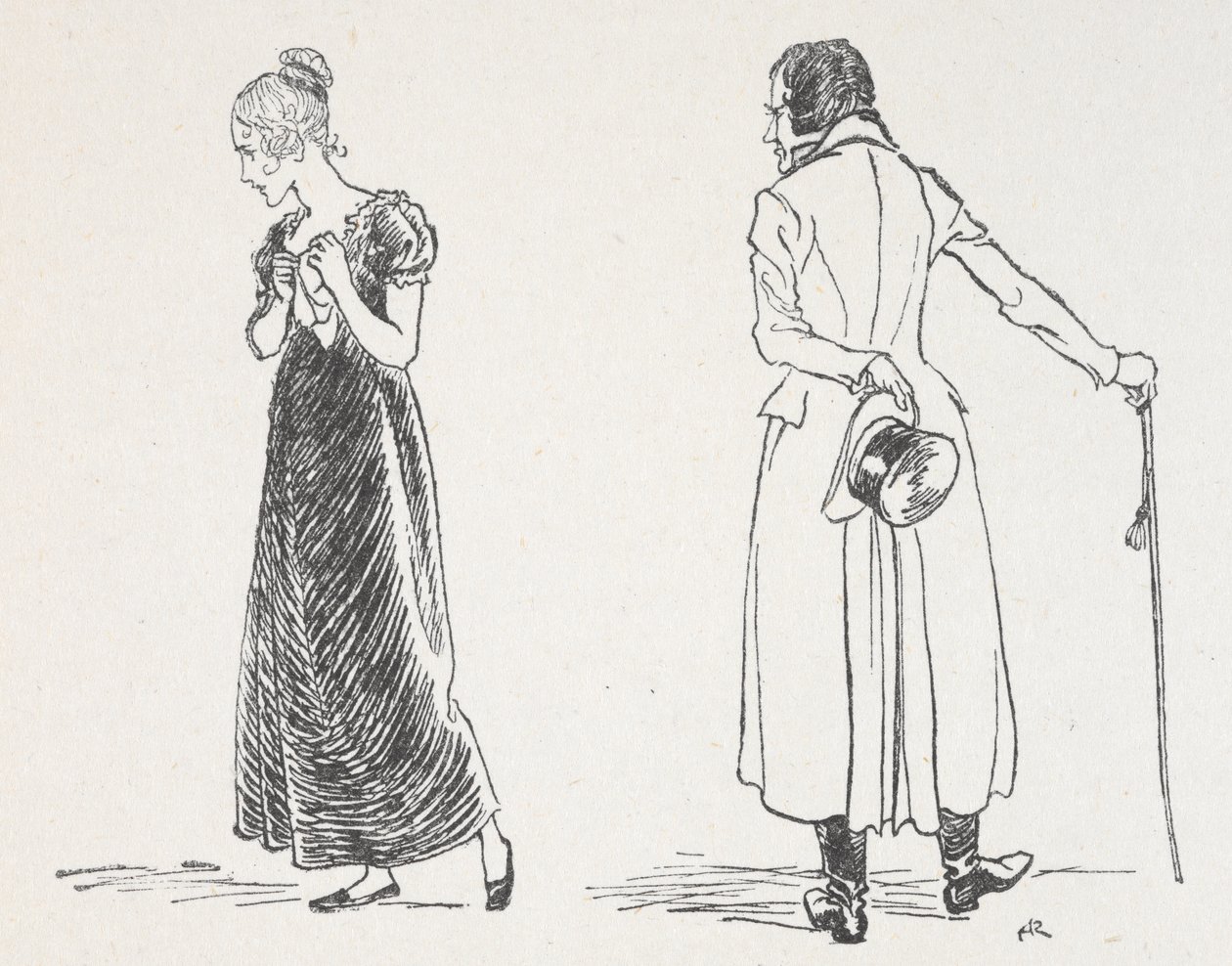 Ett ungt par bråkar, kvinnan har vänt sig bort med en näsduk mot sitt bröst av Arthur Rackham