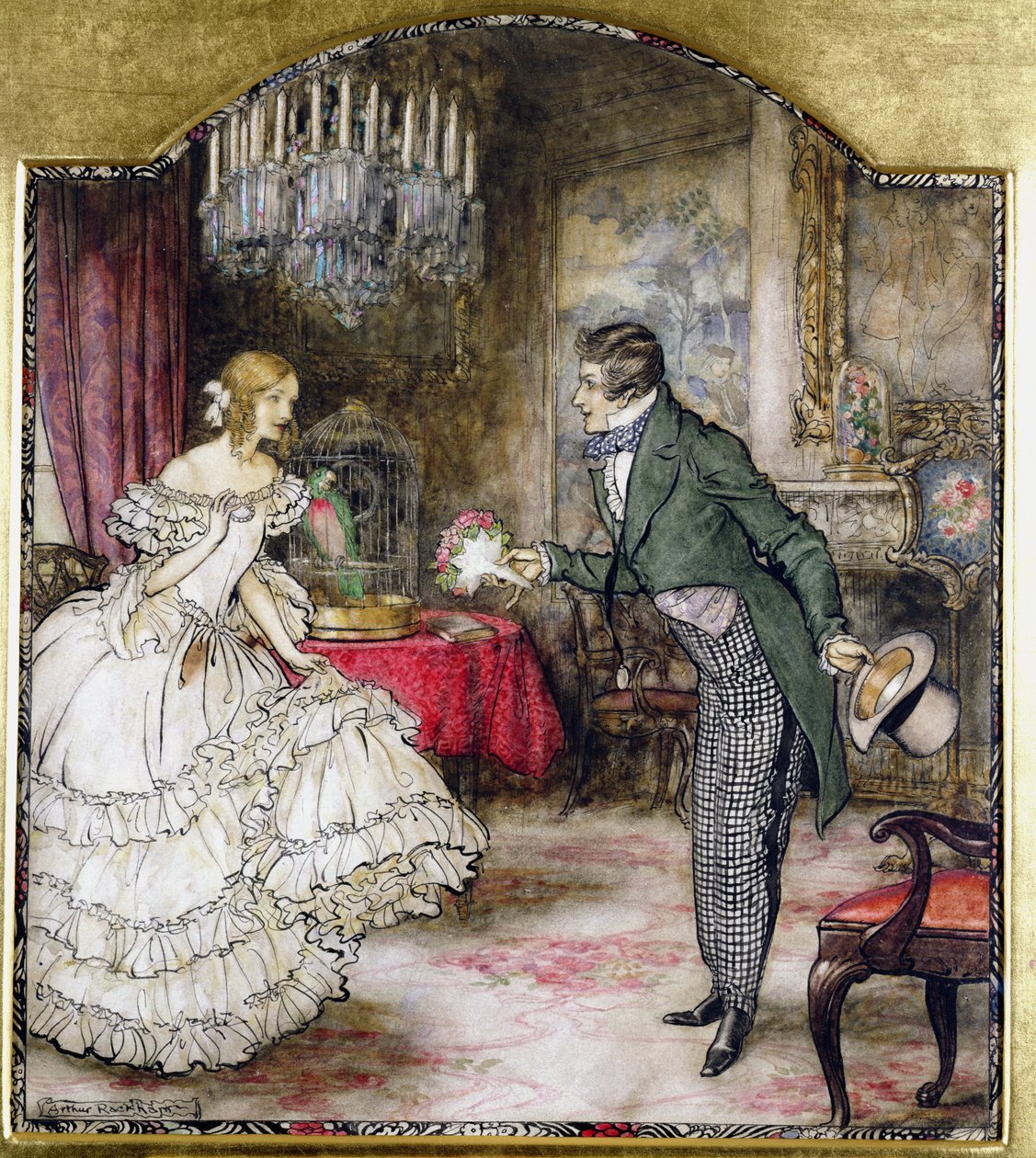 En ung man som presenterar en bukett för en flicka som står i en salong (wc med penna och bläck på papper) av Arthur Rackham