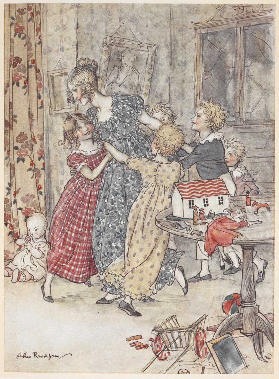 En ung kvinna och barn dansar runt ett lekrum fullt av leksaker av Arthur Rackham