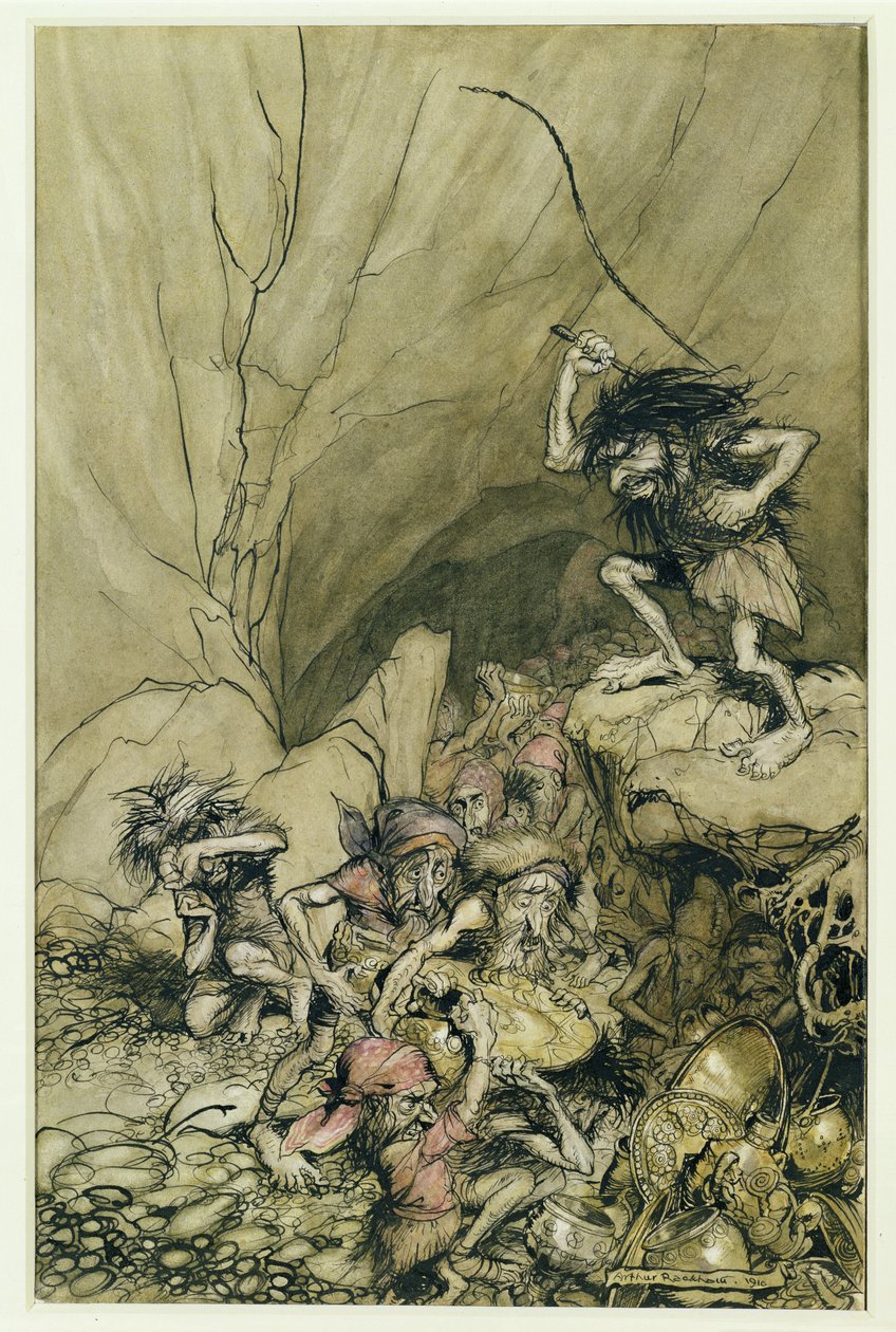 Alberich kör i ett gäng Nibelungar lastade med guld- och silverskatter, en illustration från The Rheingold and the Valkyrie av Richard Wagner (1813-83) pub. 1910 (penna och bläck, wc) av Arthur Rackham