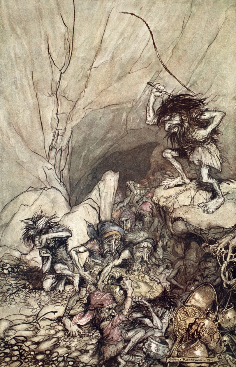 "Alberich kör i ett gäng Nibelungar med guld- och silverskatter", 1910. av Arthur Rackham