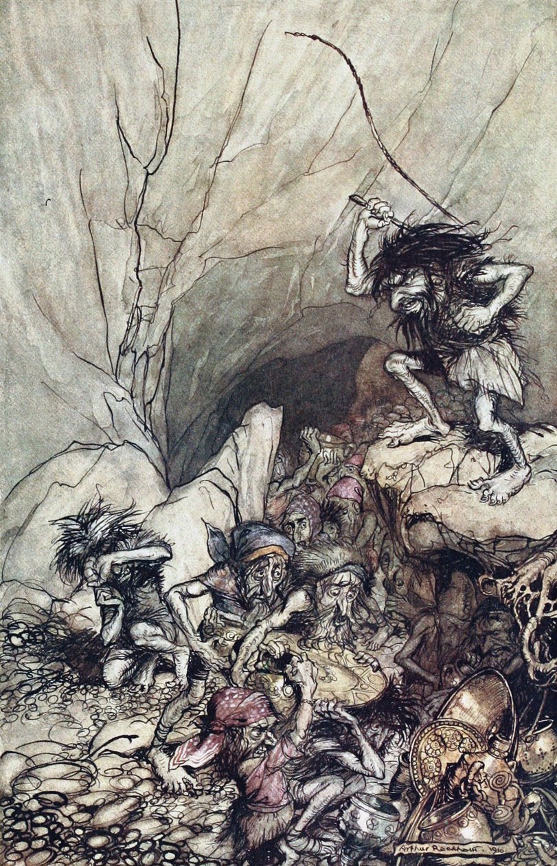 Alberich kör i ett gäng Niblungs lastade med guld- och silverskatter. Illustration för The Rhi av Arthur Rackham