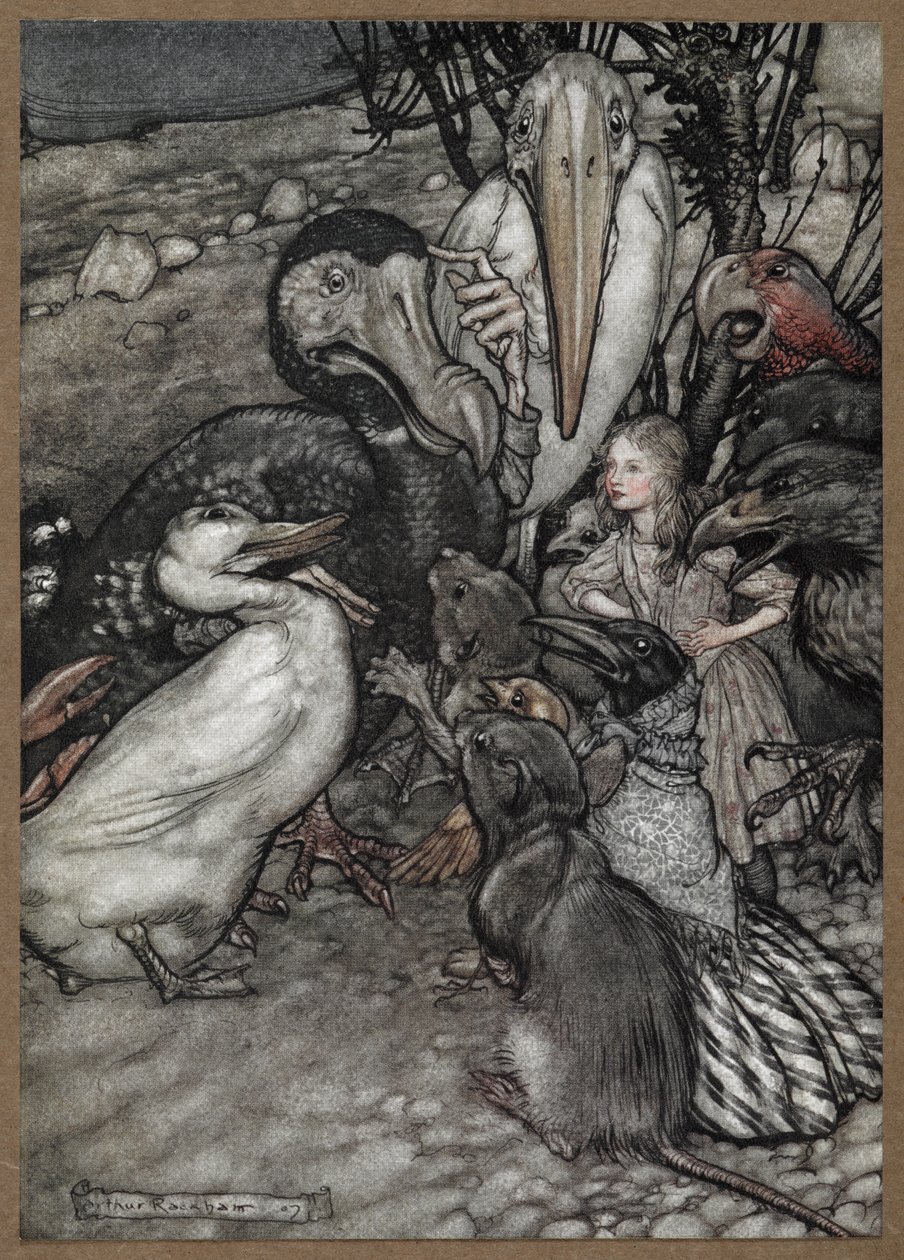 Alice och djuren efter Caucus Race, inklusive en dodo, en anka, en råtta, en kråka och en papegoja. av Arthur Rackham