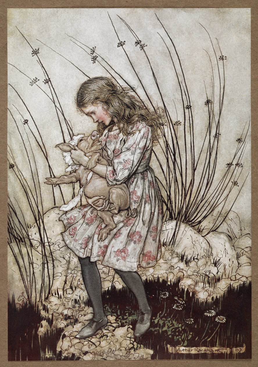 Alice och grisen utklädda till en bebis av Arthur Rackham