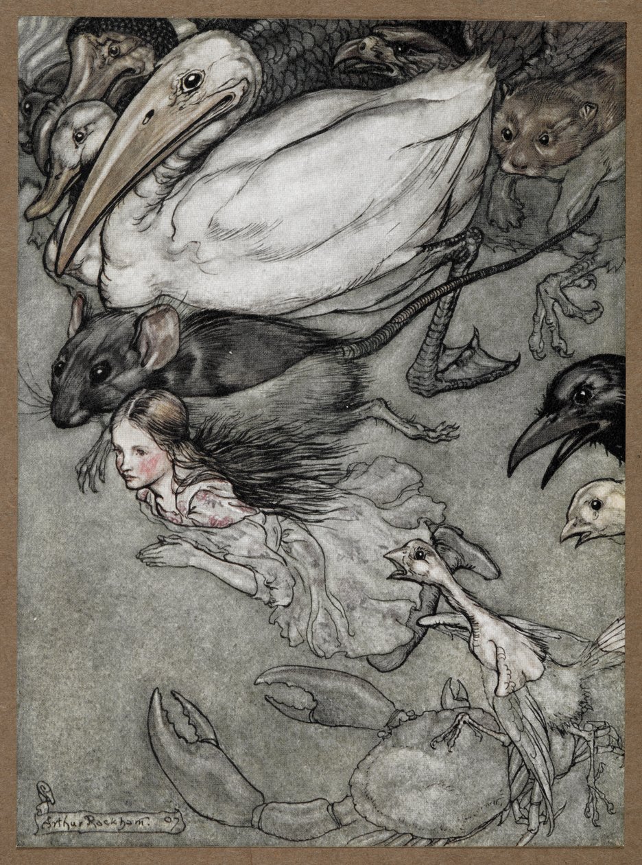 Alice och olika djur simmar, inklusive en råtta, en anka, en dodo, en kråka, en vessla, en krabba och en fågelunge. av Arthur Rackham