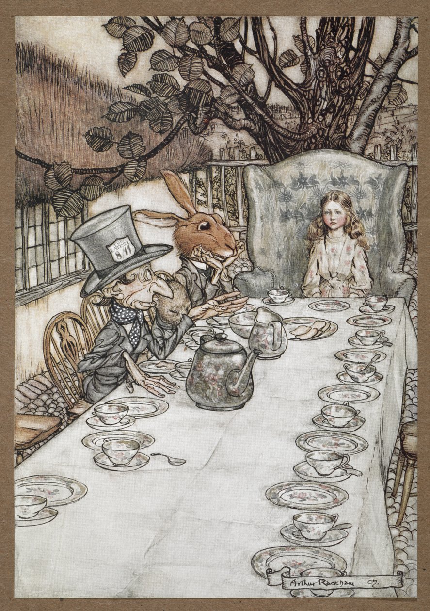 Alice på den galna hattmakarens teparty med marsharen, dormusen och den galna hattmakaren av Arthur Rackham