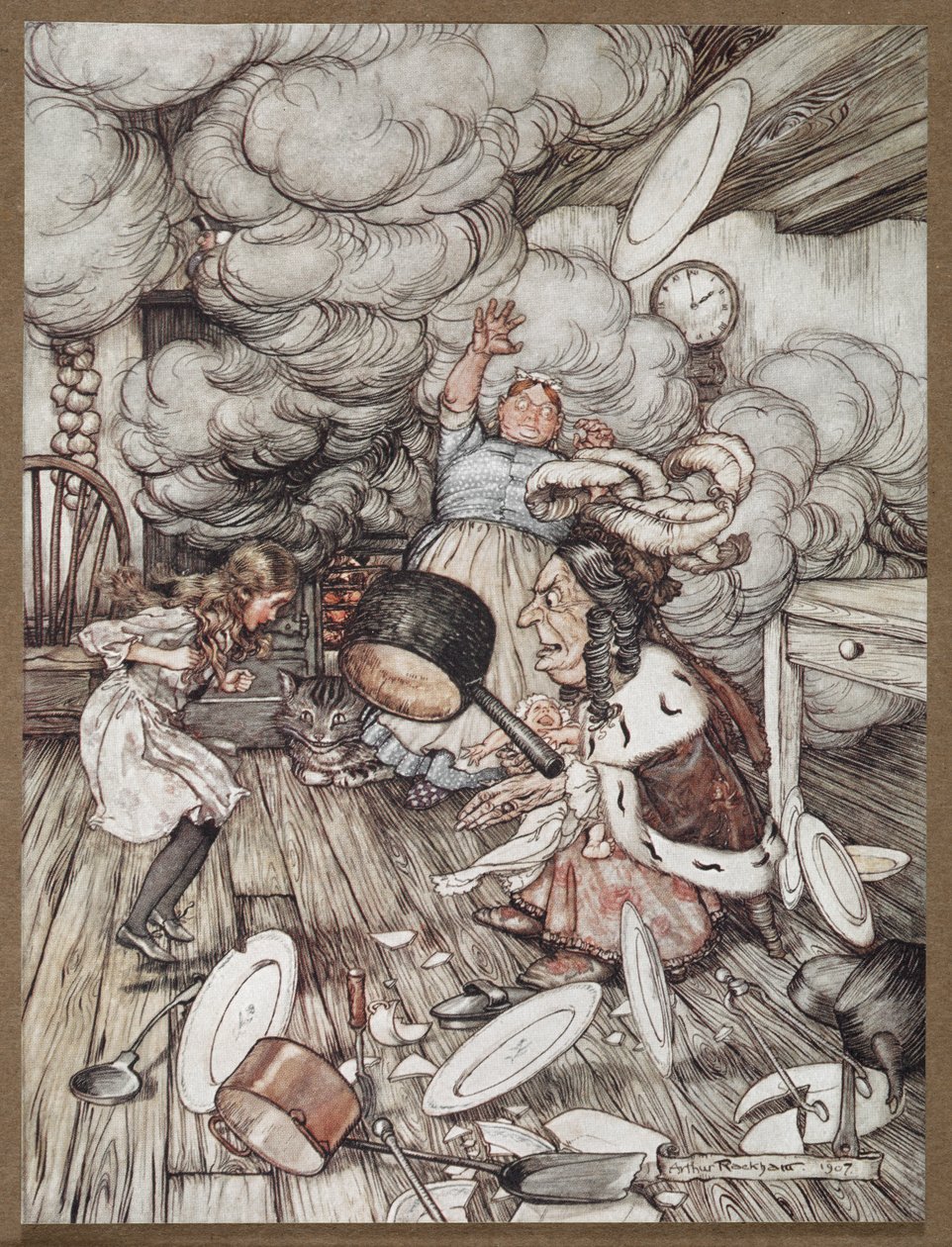 Alice i ett kök med hertiginnan, en kock och Cheshire Cat av Arthur Rackham