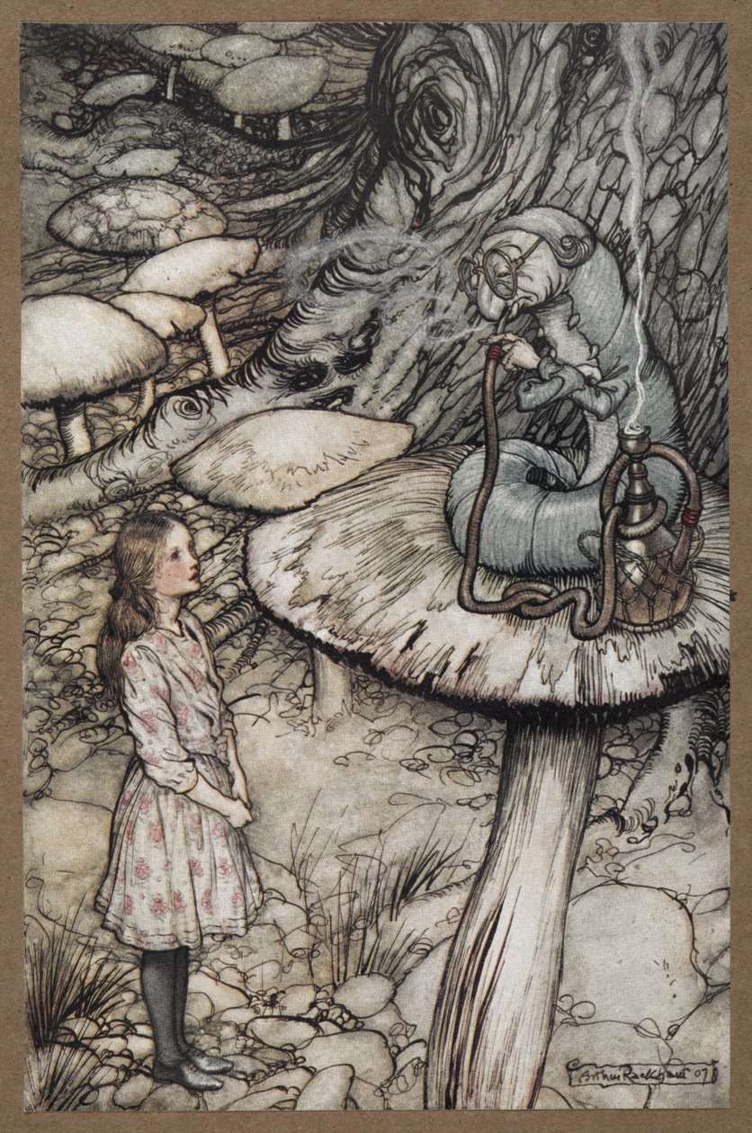 キノコの上に座ってパイプをくゆらせている毛虫に話しかけるアリス スウェーデン語 av Arthur Rackham