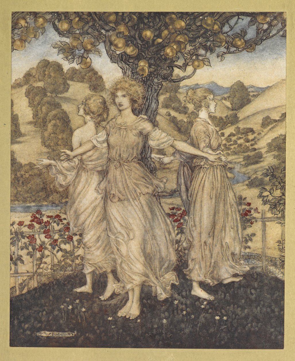 Alla mitt i trädgårdens mässa, Hesperus, och hans döttrar tre som sjunger om det gyllene trädet. av Arthur Rackham