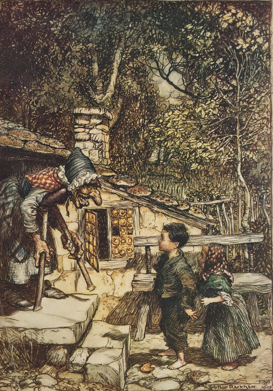 "Allt på en gång öppnades dörren och en gammal, gammal kvinna, som försörjde sig på en krycka, kom hoppande ut", illustration från "Hansel and Gretel" av Arthur Rackham