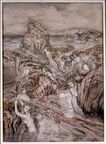 Aly, illustration från "De tre guld- äpplena" en underbok av Nathaniel Hawthorne, pub. av Hodder och Stoughton (penna och bläck, akvarell på papper) av Arthur Rackham
