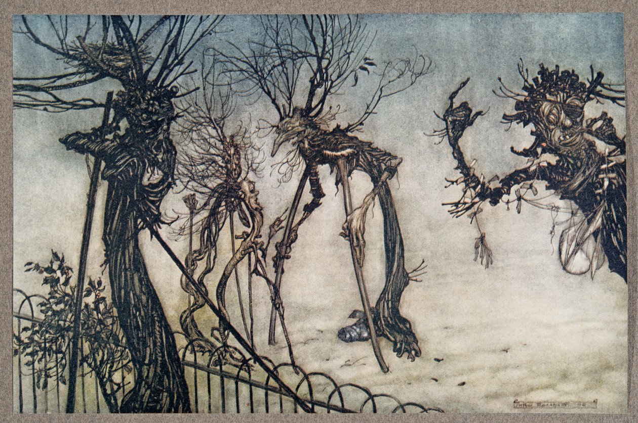 Ett fläderbär hoppade över promenaden och stod och pratade med några små barn... från Peter Pan i Kensington Gardens av J M Barrie (1860 - 1937), pub. 1906 av Arthur Rackham