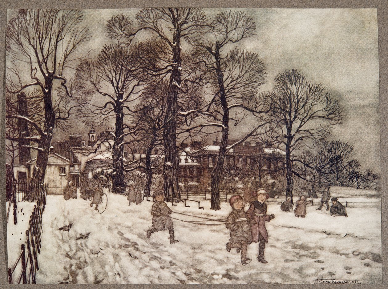 En eftermiddag när trädgårdarna var vita av snö, från Peter Pan i Kensington Gardens av J M Barrie (1860 - 1937), pub. 1906 av Arthur Rackham