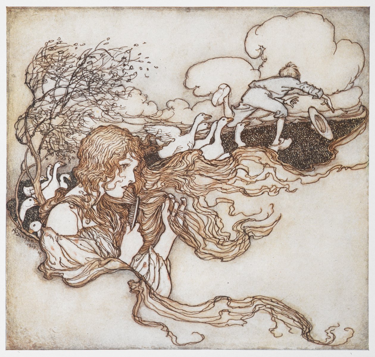 En illustration av en tjej som borstar håret med gäss och en pojke i bakgrunden, från The Goosegirl. av Arthur Rackham