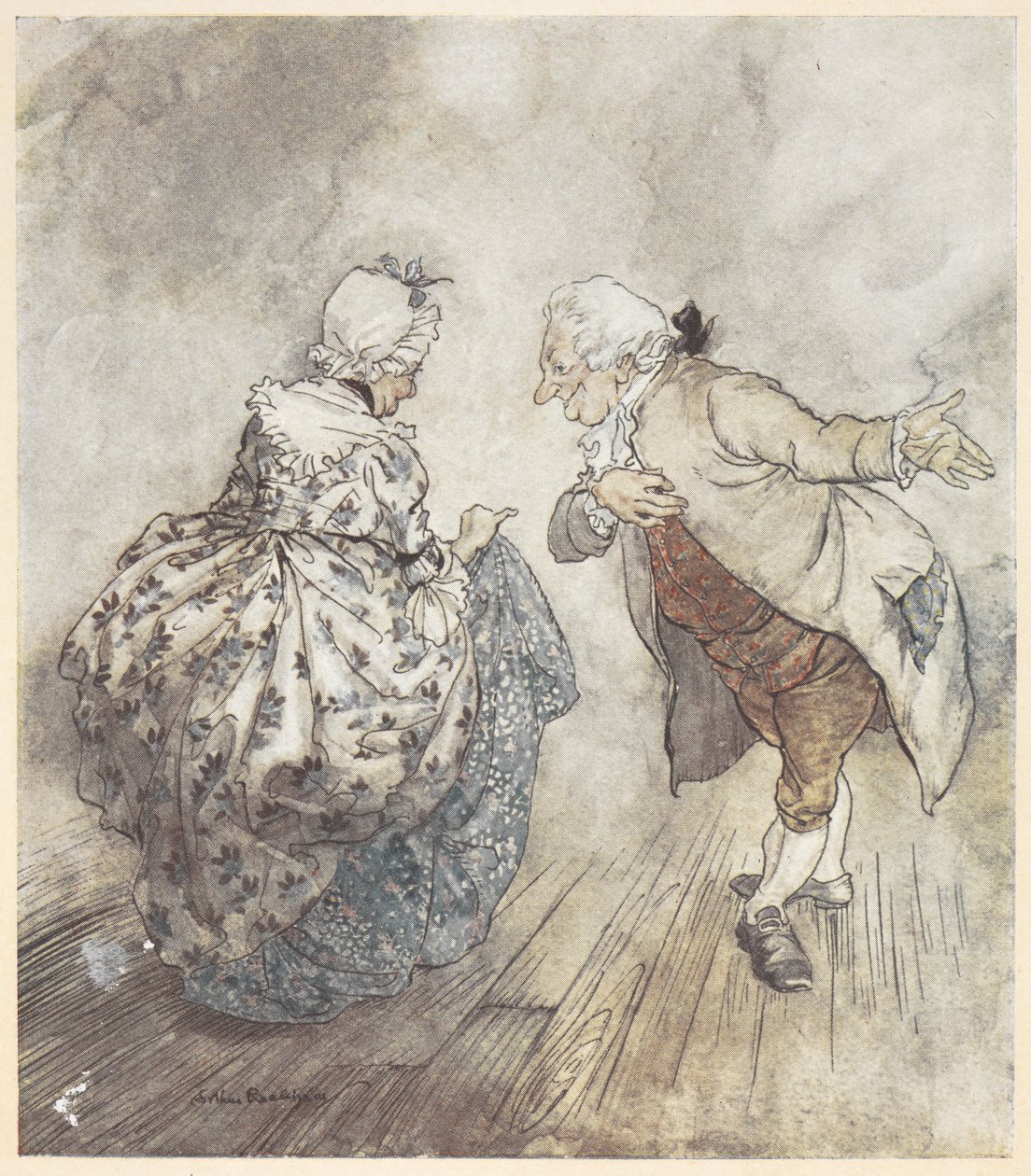 Ett gammalt par i formella kläder på väg att dansa av Arthur Rackham