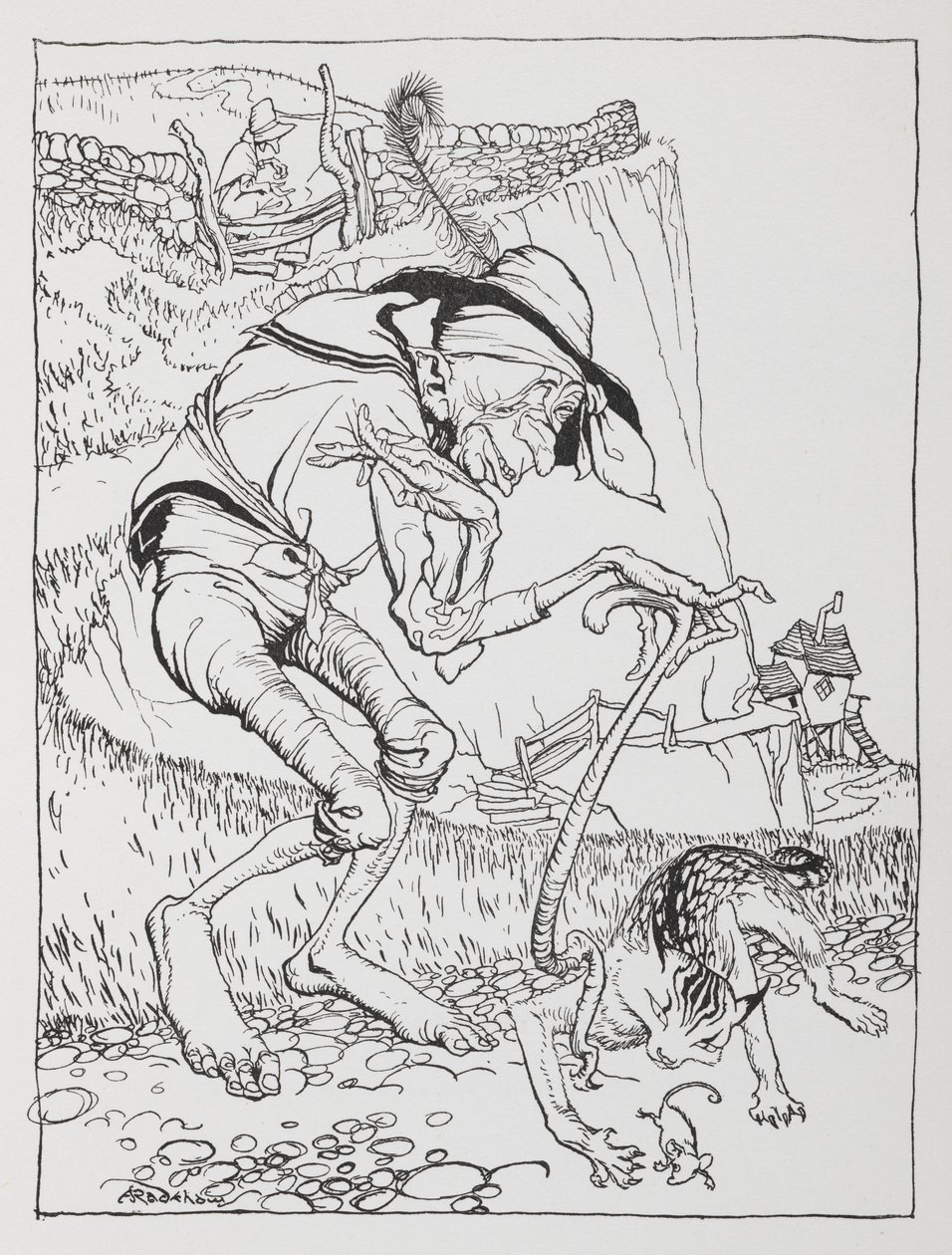 En gammal krokig man med sin krokiga katt och krokiga hus. av Arthur Rackham