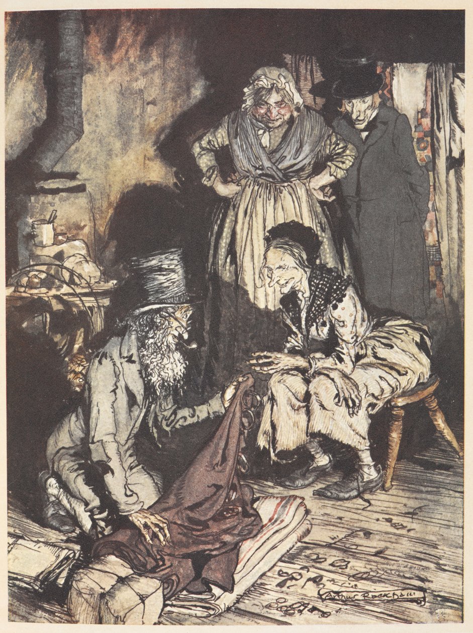 En gammal familj inne i deras hus med en man som erbjuder dem gardiner av Arthur Rackham