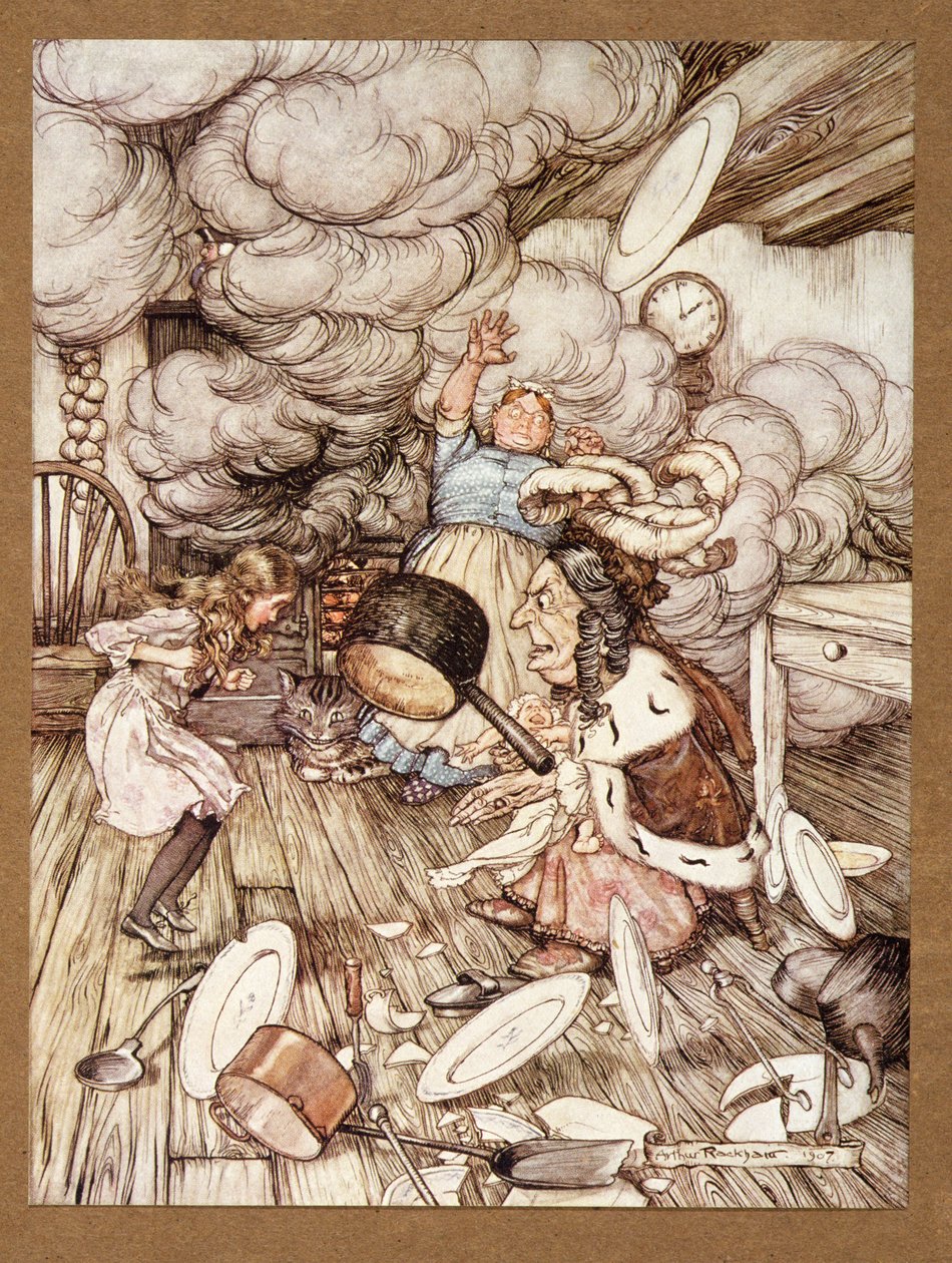 En ovanligt stor kastrull flög nära den och bar den nästan bort, från Alices Adventures in Wonderland, av Lewis Carroll, pub.1907 av Arthur Rackham