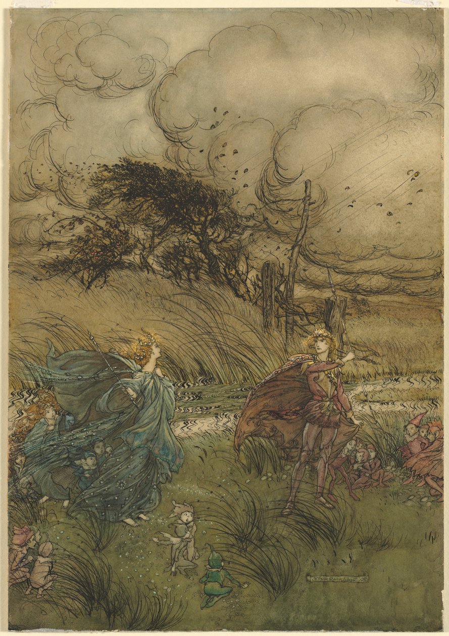 "Och nu möts de aldrig i lund eller grönt", från akt 2, scen 1 av En midsommarnattsdröm av William Shakespeare av Arthur Rackham