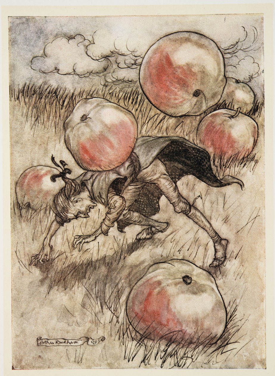 Äpplen kom tumlande om mina öron, från Gullivers resor av Jonathan Swift (1667 - 1745), pub. 1909 av Arthur Rackham