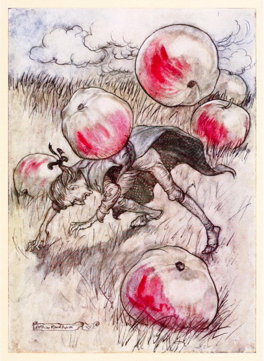 Äpplen ramlade runt mina öron från del II: A Voyage to Brobdingnag in Gullivers Travels av Jonathan Swift av Arthur Rackham